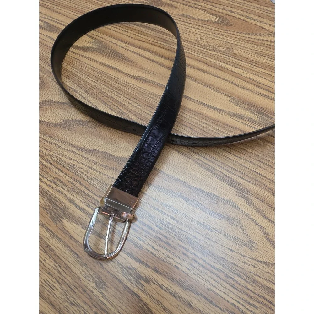 Lauren Ralph Lauren Black Croc Embossed Leather Belt Silver Buckle 33